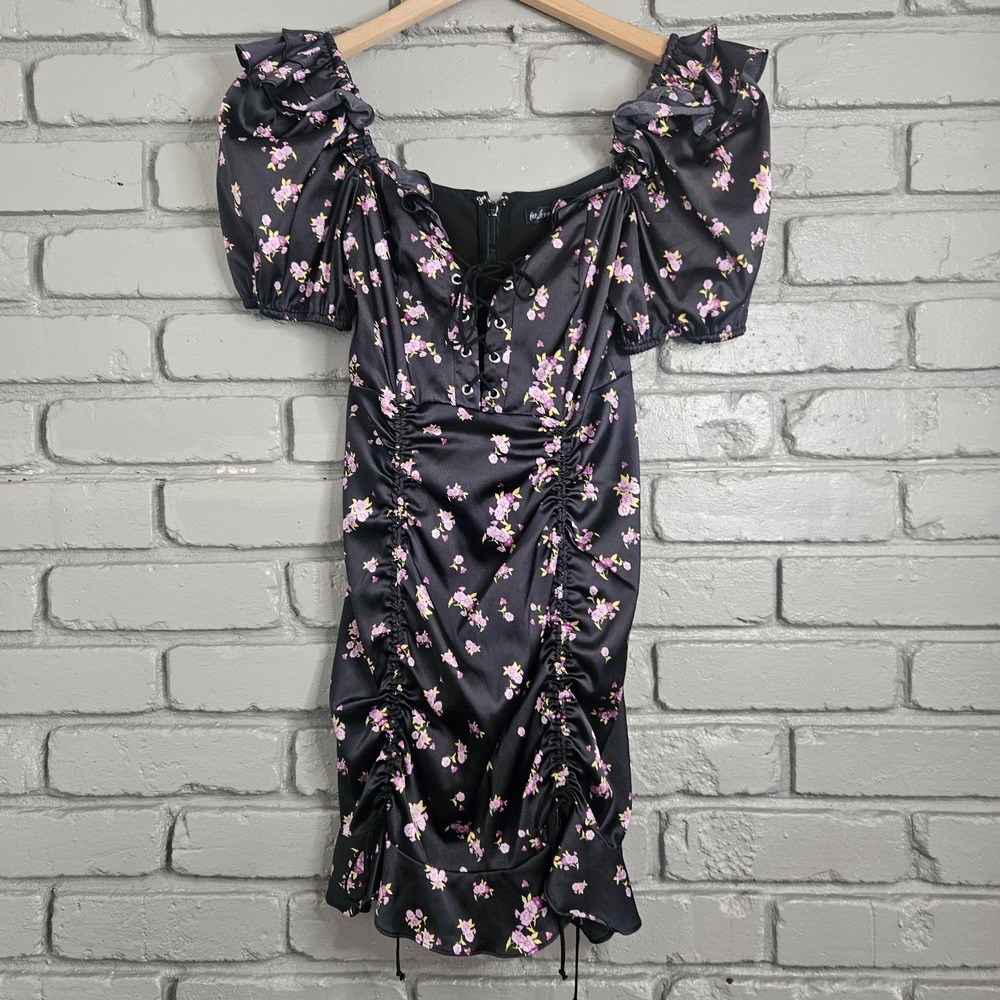 For Love &‎ Lemons Laramie Mini Dress XS Black Purple Floral Satin Ruched Corset